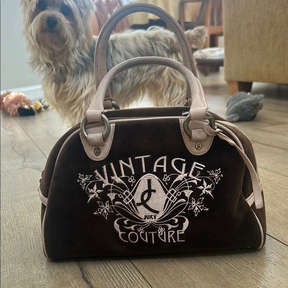 Juicy Couture Brown Velvet Satchel with Pink Trim